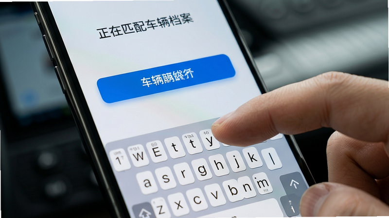 手机特写,手指正在键盘上输入17位车辆识别代号,屏幕实时反馈解析结果,显示“正在匹配车辆档案”,界面现代简约,蓝色高光按钮,背景虚化突出手机屏幕,细节清晰,8k超清,无水印,真实感强