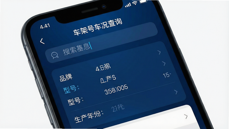 一张高清智能手机界面截图,屏幕中央显示“车架号车况查询”应用的主界面,背景为简洁的深蓝色科技风,顶部有搜索栏输入框,下方列表展示车辆基本信息如品牌、型号、生产年份,界面布局清晰,字体清晰,无多余装饰元素,4k分辨率,真实UI设计,干净无杂点