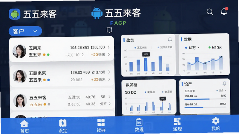 主体为五五来客安卓APP主界面,布局清晰,顶部显示品牌Logo,中间展示客户列表与数据看板,底部为功能导航栏,风格简约商务,细节包含蓝色主色调与白色卡片背景,画质高清,干净,无多余元素,图片中文字“五五来客”清晰可见