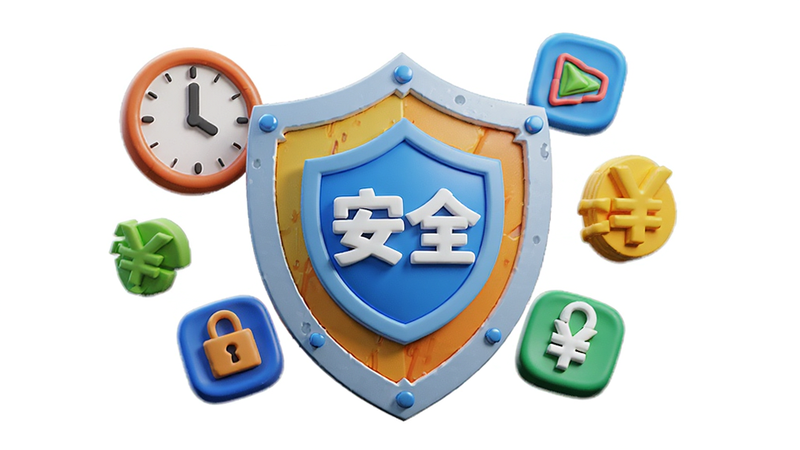 概念图展示一个盾牌保护着多个游戏图标,盾牌中心写着“安全”,周围环绕着时钟和货币符号,象征安全交易和灵活时长,色彩鲜明,3D渲染风格,干净背景