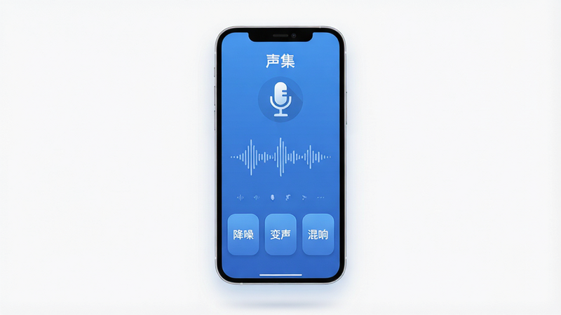 主体为一部悬浮在白色背景中央的智能手机,屏幕显示着“声集”APP的主界面,界面顶部有清晰的麦克风图标和波形图,底部排列着“降噪”、“变声”、“混响”三个大按钮,整体UI风格为极简科技蓝,布局对称,排版整洁,风格现代扁平化,细节处有柔和的光影效果,画质4k,干净,无多余元素