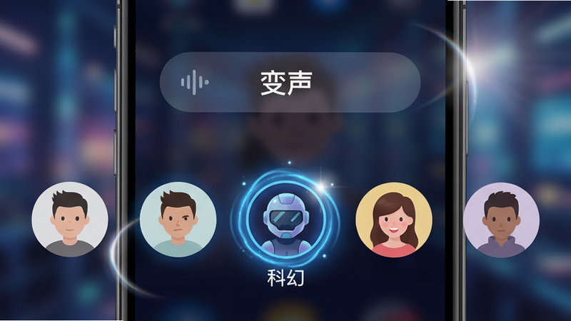 手机屏幕界面展示“变声”选项卡,下方排列着五个圆形头像图标,分别代表不同音色,当前选中的是“科幻”音色,图标周围有蓝色的光环特效,背景模糊处理突出前景,布局垂直居中,排版有序,风格梦幻科技风,细节处有光晕渲染,画质细腻,干净,无多余元素