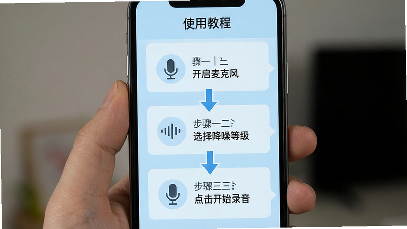 手机屏幕显示“使用教程”页面,上方是步骤一“开启麦克风”,中间是步骤二“选择降噪等级”,下方是步骤三“点击开始录音”,每个步骤配有简单的图标和文字说明,背景为浅蓝色,布局纵向排列,排版清晰直观,风格扁平化,细节处有引导箭头,画质清晰,干净,无多余元素
