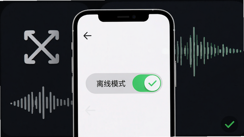 手机屏幕显示“离线模式”开关处于开启状态,背景是断网的图标和音频波形图,表明无需网络也能工作,主体为手机界面,布局简洁,排版居中,风格简约科技,细节处有绿色对勾图标,画质高清,干净,无多余元素