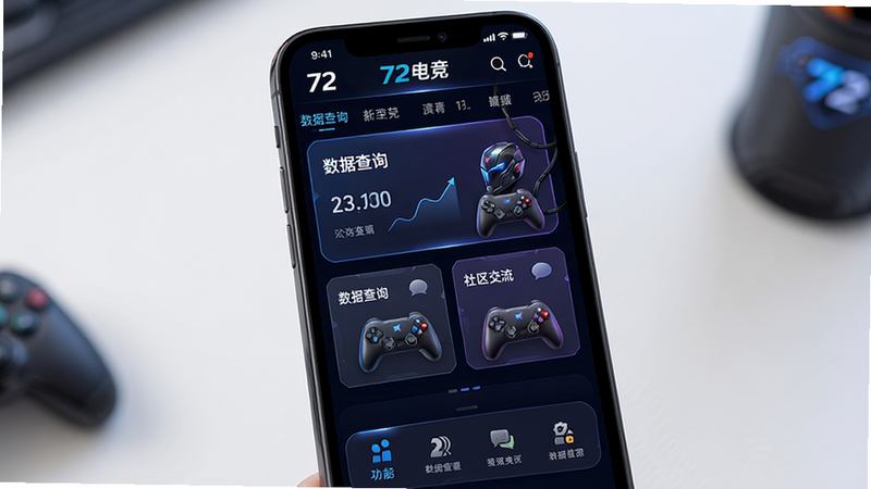 主体为手机屏幕展示72电竞APP界面,布局清晰,顶部为导航栏,中部为核心数据卡片,底部为功能菜单,排版紧凑有序,风格现代科技感,细节处有电竞元素装饰,画质高清,干净无多余元素,文字包含