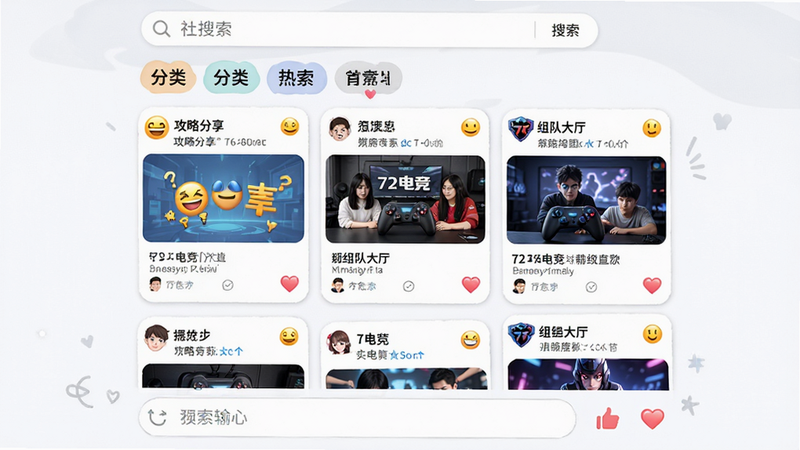 主体为社区交流界面,布局为瀑布流帖子展示,顶部为搜索栏与分类标签,中部为热门帖子卡片,底部为输入框,排版灵活,风格轻松活泼,细节处有表情符号与点赞图标,画质清晰,干净无多余元素,文字包含