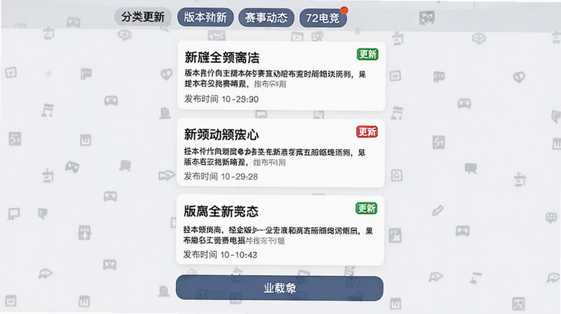 主体为资讯列表页面,布局为垂直滚动卡片,每张卡片包含标题、摘要与发布时间,顶部为分类标签,底部为加载更多按钮,排版整齐,风格新闻化,细节处有更新标识,画质高清,干净无多余元素,文字包含