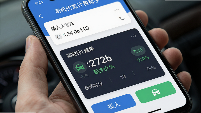 主体为手机屏幕特写,显示“司机代驾计费帮手”App界面,布局清晰,顶部为输入区,中部为实时计费结果展示,底部为功能按钮,排版简洁现代,风格为扁平化商业UI,细节包含里程数、起步价、夜间时段等图标,文字加引号“实时报价”,画质高清,干净无多余元素