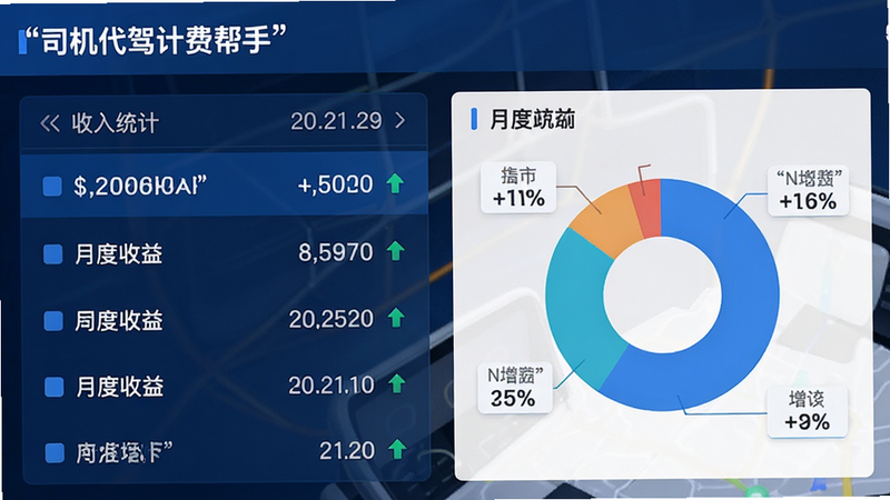 主体为数据仪表盘界面,显示“司机代驾计费帮手”的收入统计模块,布局为左右分栏,左侧为列表,右侧为饼图,排版紧凑有序,风格为科技感蓝色调,细节包含金额数字、日期标签、增长率箭头,文字加引号“月度收益”,画质清晰,干净无杂色
