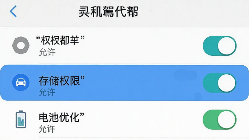 主体为手机设置界面截图,显示“司机代驾计费帮手”的权限管理页面,布局为列表形式,高亮显示“存储权限”和“电池优化”选项,排版清晰,风格为系统原生UI,细节包含开关按钮、权限图标,文字加引号“允许”,画质清晰,干净无水印