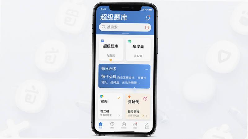 主体为手机屏幕显示“超级题库”应用界面,布局清晰,顶部为搜索栏,中部为分类卡片,底部为导航栏,排版整齐,风格简约现代,细节包含高亮显示的“每日必练”模块,画质高清,干净无多余元素,文字“超级题库”清晰可见,无水印