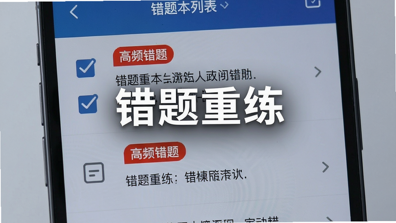主体为手机界面展示错题本列表,布局为列表形式,左侧有复选框,右侧显示题目摘要,排版紧凑有序,风格科技感,细节包含红色标记的“高频错题”标签,画质清晰,干净,文字“错题重练”醒目,无多余装饰