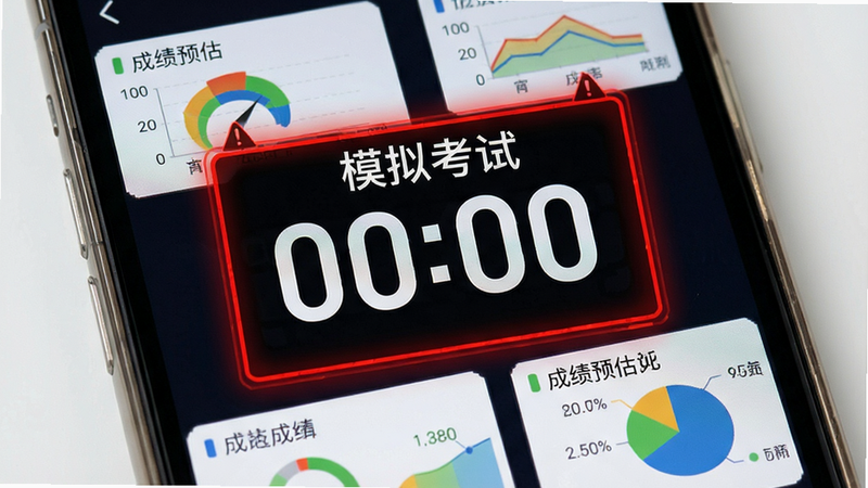 主体为手机界面展示模拟考试倒计时,布局中心为大号数字时钟,周围环绕成绩预估图表,排版聚焦中心,风格紧张专注,细节包含红色警示边框,画质锐利,干净,文字“模拟考试”居中,无其他干扰元素