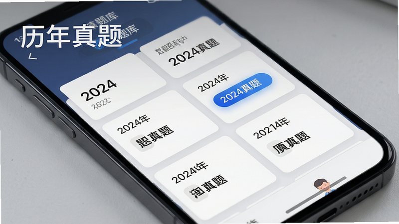 主体为手机屏幕展示真题题库页面,布局为卡片式排列,每张卡片显示年份和科目,排版美观大方,风格专业严谨,细节包含“2024真题”高亮按钮,画质高保真,干净,文字“历年真题”清晰,无杂乱背景