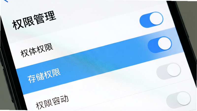 主体为手机设置界面展示权限管理选项,布局为列表形式,开关按钮位于右侧,排版清晰,风格简洁,细节包含高亮显示的“存储权限”选项,画质清晰,干净,文字“权限管理”可见,无多余图标