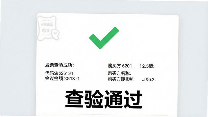 主体为发票查验成功界面,中央显示绿色对勾图标,下方展示发票详细信息如代码、金额、购买方名称,背景为浅灰色,布局简洁,风格现代,细节清晰,画质高清,无多余元素,文字“查验通过”醒目显示