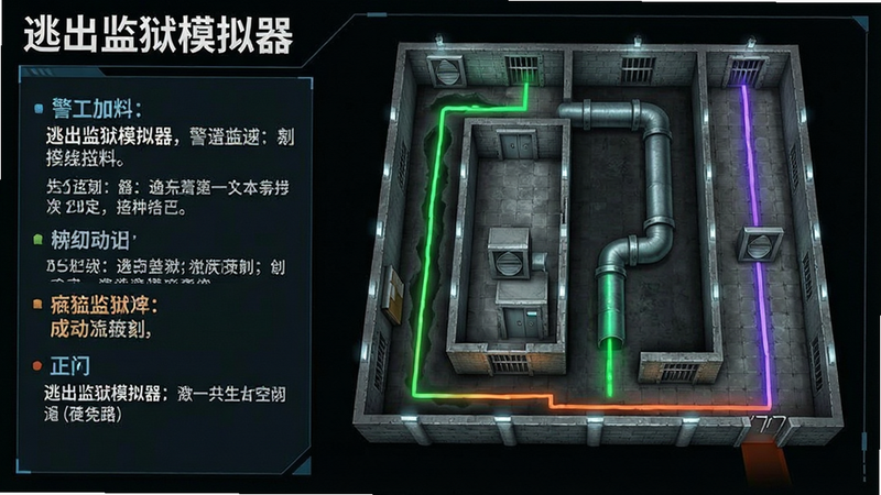 主体:监狱内部结构示意图,用不同颜色标记出三条主要逃生路线:地道、通风管、正门。布局:俯视视角,清晰展示监狱布局,路线用发光线条表示。排版:左侧为文字说明,右侧为图解。风格:科技感与写实结合,线条清晰。细节:关键点如警卫室、通风口有图标标识。画质:清晰,无多余元素,文字“逃出监狱模拟器”在左上角