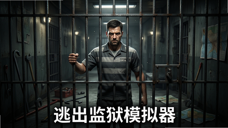 主体:游戏主界面全景图,展示一名穿着囚服的男子站在铁栅栏前,背景是昏暗的监狱走廊,地面散落着一些工具如撬棍和地图。布局:中心对称构图,焦点在人物与栅栏互动上。排版:简洁明了,突出核心玩法。风格:写实主义,光影效果强烈,营造压抑而紧张的氛围。细节:栅栏的金属质感,人物眼神坚定,周围有细微的灰尘颗粒。画质:高清,干净,无多余元素,文字“逃出监狱模拟器”以白色粗体显示在底部中央