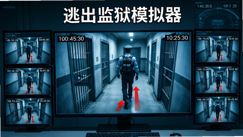 主体:监控室视角,屏幕上显示多个摄像头画面,其中一个画面中警卫正走向牢房。布局:多屏拼接,中央为主画面,周围为小屏。排版:网格状排列,突出监控主题。风格:冷色调,科技感强。细节:屏幕上的时间戳,警卫的行走轨迹用红色箭头标示。画质:清晰,无多余元素,文字“逃出监狱模拟器”在顶部中央