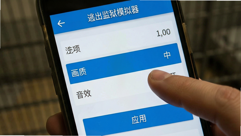 主体:手机屏幕截图,显示游戏设置界面,其中“画质”选项被高亮选中为“中”,“音效”为“开”。布局:简洁的列表式界面,选项清晰可见。排版:左侧为选项名称,右侧为当前设置值。风格:扁平化设计,蓝色为主色调。细节:手指正在点击“画质”选项,界面下方有“应用”按钮。画质:清晰,无多余元素,文字“逃出监狱模拟器”在顶部标题栏