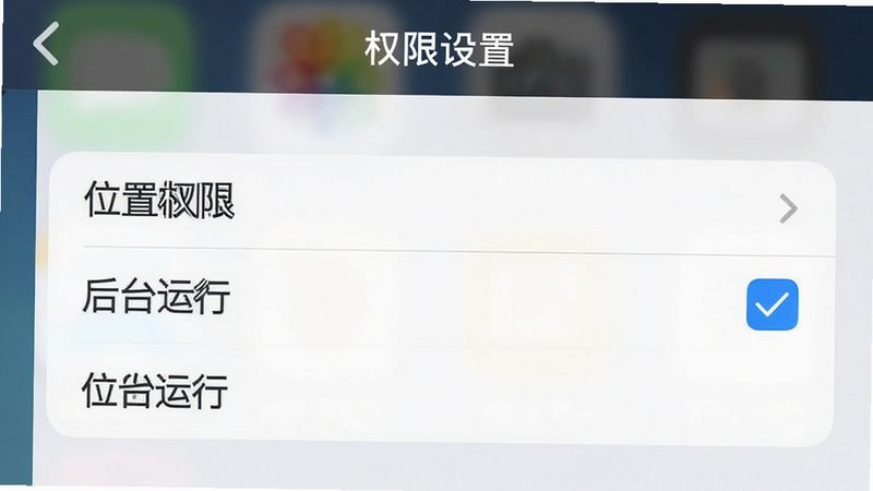 主体为手机设置界面截图,布局为列表式菜单,排版整齐,风格iOS/Android混合风格,细节包含“位置权限”、“后台运行”选项被勾选,画质清晰,干净,无多余元素,文字