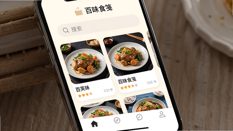 һ���ֻ�Ӧ�ý���չʾͼ������Ϊ����ζʳ�㡱App���������ͼ������Ϊ��͵��װ�ɫ���������������������������м�չʾ�ż������µ���ʳ��Ƭ��ÿ�ſ�Ƭ���в�Ʒ���ƺ����֣��ײ��е�������������¼�Լ��ϸ�ھ��£����ʸ��壬�ɾ����޶���Ԫ��