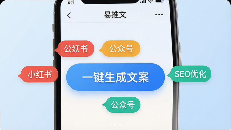 一张展示“易推文”APP界面的高质量UI设计图,主体为手机屏幕,屏幕中央显示“一键生成文案”的大按钮,周围环绕着“小红书”、“公众号”、“SEO优化”等标签云,背景为干净的浅蓝色渐变,风格现代简约,细节清晰,4K高清,无多余元素