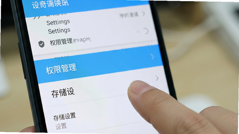 生成一张手机设置界面教程图,主体为安卓手机设置菜单,高亮显示“权限管理”和“存储设置”选项,背景模糊处理,布局清晰,排版规范,风格写实,细节展示手指点击动作,高清画质,干净,无多余元素