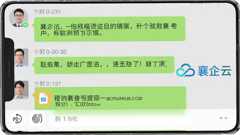 生成一张即时通讯界面截图,主体为手机聊天窗口,显示群聊消息气泡,包含文字和文件图标,右侧有“襄企云”Logo水印,布局左右对称,排版舒适,风格清新,细节展示时间戳和头像,高清画质,干净,无多余元素