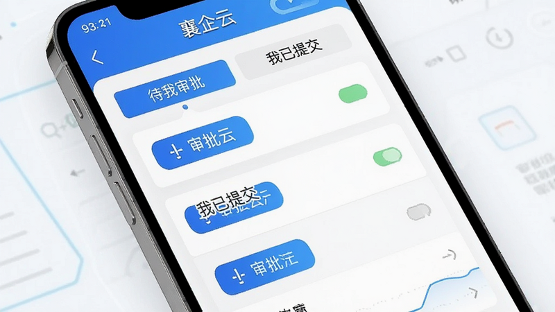 生成一张移动端审批流程示意图,主体为手机屏幕特写,显示“襄企云”应用中的审批列表界面,包含“待我审批”、“我已提交”等标签,布局垂直排列,排版简洁,风格科技感,细节展示按钮和状态图标,高清画质,干净,无多余元素