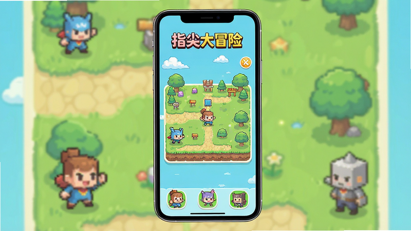 主体:一款名为“指尖大冒险”的手机游戏主界面展示图,布局为竖屏手机屏幕居中,排版整洁,风格为清新扁平化卡通风,细节包括色彩鲜艳的关卡选择地图和可爱的像素风角色,画质高清,干净,无多余元素,文字包含“指尖大冒险”