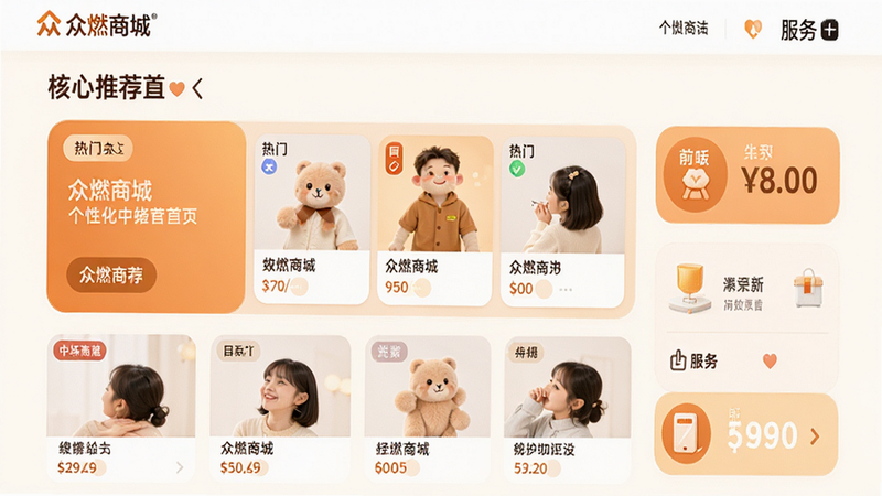 主体为‘众燃商城’个性化推荐首页,布局突出核心推荐位,展示热门商品卡片与服务入口,排版灵活美观,风格温馨亲切,细节体现个性化标签,高清画质,干净背景,文字包含‘众燃商城’