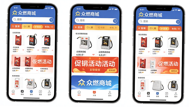 主体为‘众燃商城’APP手机界面全景图,布局清晰,顶部显示品牌Logo及搜索栏,中部展示燃气产品货架与促销活动横幅,底部为导航菜单,风格简约现代,细节精致,高清画质,干净无多余元素,文字包含‘众燃商城’
