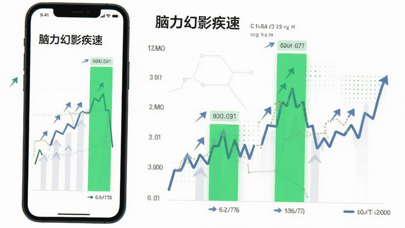 主体为数据可视化图表,展示“脑力幻影疾速”的难度波动曲线,布局为左侧手机右侧折线图,排版清晰直观,风格为扁平化设计,细节包含上升箭头与绿色高亮区,画质清晰,干净
