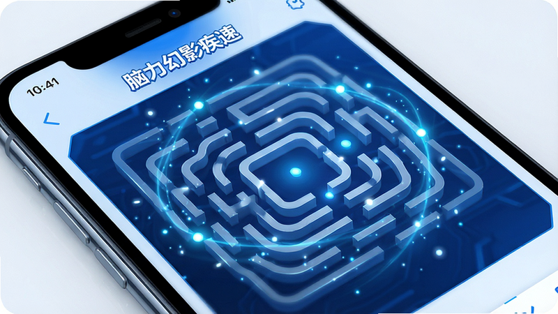 主体为手机屏幕特写,显示“脑力幻影疾速”APP主界面,布局为中央动态迷宫图形,排版简洁现代,风格为科技蓝白配色,细节包含闪烁的光点特效,画质4k高清,干净无多余元素