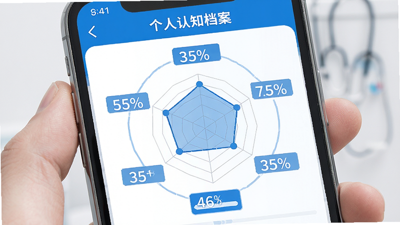 主体为手机界面展示“个人认知档案”页面,布局为雷达图位于中心,周围环绕六个维度标签,排版工整对称,风格为医疗白与科技蓝,细节包含百分比数值与进度条,画质高清,干净