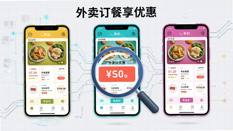 一张信息图表风格的插画,展示三个不同颜色的手机屏幕,分别显示同一份外卖在不同平台的比价结果,中间有一个放大镜图标聚焦在最便宜的价格上,背景为浅灰色网格,布局平衡,风格科技感强,细节清晰,画质优秀,干净背景,包含文字'外卖订餐享优惠'