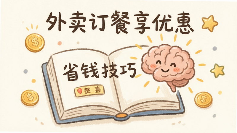 一张手绘风格的教育类插图,一本打开的书本上写着省钱技巧,旁边有一个大脑图标发出光芒,周围漂浮着金币和星星,布局温馨,风格亲切易懂,细节柔和,画质清晰,干净背景,包含文字'外卖订餐享优惠'