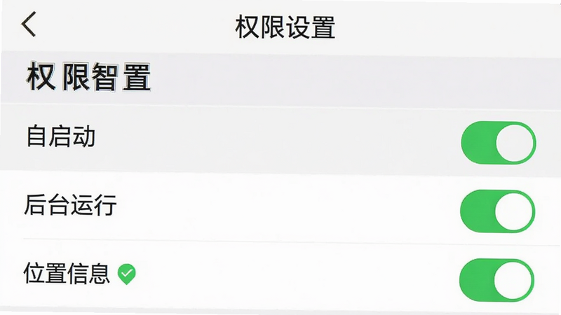 主体为手机设置界面截图,显示“AXENT智控”应用的权限设置页,高亮显示“自启动”、“后台运行”、“位置信息”三个开关均为开启状态,布局垂直列表,排版简洁明了,风格为系统原生UI,细节处有绿色对勾图标,画质清晰,干净无其他干扰项,文字“权限设置”标题清晰