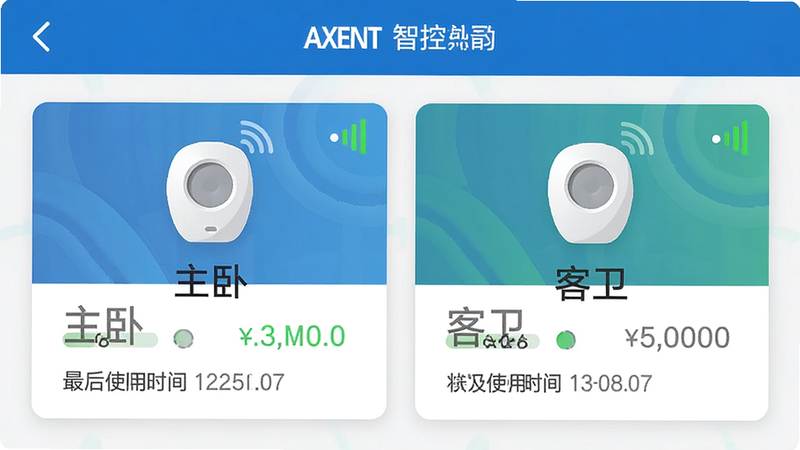 主体为AXENT智控APP的设备列表页面,显示两个设备图标,分别标注“主卧”和“客卫”,布局网格状,每个设备卡片包含名称、状态和最后使用时间,排版整齐对称,风格扁平化设计,细节处有连接信号强度图标,画质高保真,干净无干扰,文字“主卧”、“客卫”清晰可辨