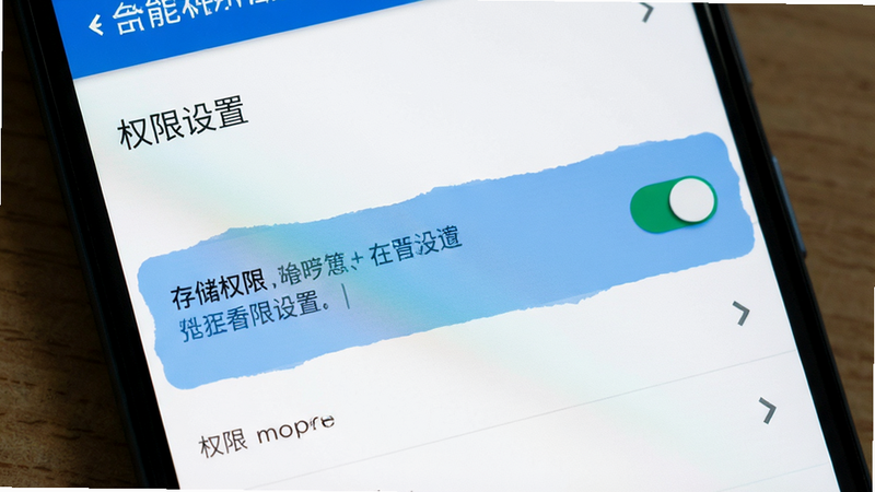 主体为安卓手机系统设置界面,布局突出权限管理选项,排版清晰层级分明,风格系统原生UI,细节显示存储权限开关,文字