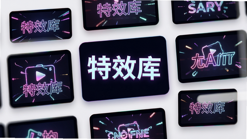 主体为多个视频特效预览网格,布局整齐排列,排版卡片式设计,风格鲜艳多彩,细节展示霓虹光效与文字动画,文字