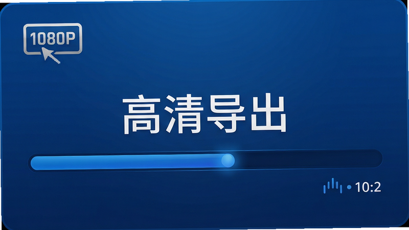 主体为高清视频导出进度条,布局中心聚焦,排版极简,风格商务蓝,细节显示1080P标识与速度图标,文字