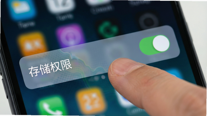 主体为手机设置界面截图,显示权限管理页面,手指正在点击“存储权限”选项,背景为模糊的手机桌面,布局为局部特写,排版清晰展示操作重点,风格扁平化UI设计,细节高亮权限开关状态,画质高清,干净,无多余元素