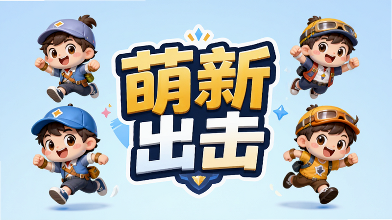 主体为“萌新出击”游戏Logo,中央醒目位置,背景为柔和的淡蓝色渐变,周围环绕着几个卡通风格的小萌新角色正在奔跑跳跃,布局居中对称,排版简洁现代,风格清新可爱,细节丰富如角色表情生动,画质高清,干净,无多余元素