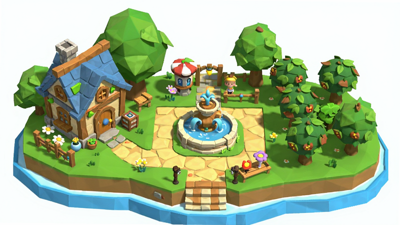 生成一张奥比岛:梦想国度的全景预览图,画面主体为色彩鲜艳的低多边形3D卡通风格岛屿,布局包含左侧的温馨小屋、中间的喷泉广场和右侧的果园,排版平衡,风格治愈清新,细节丰富如树叶纹理和房屋装饰,画质高清,干净无多余元素