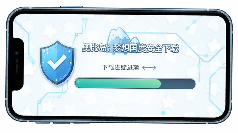 生成一张奥比岛:梦想国度安全下载界面的示意图,主体为手机屏幕显示下载进度条,布局简洁,风格科技感与卡通结合,细节如安全盾牌图标清晰,画质高清,干净无水印