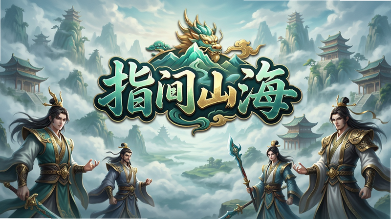 一张高质量的手机游戏宣传海报,主体是“指间山海”游戏的Logo,背景为云雾缭绕的东方仙境,前景有几位身着古装的神话人物角色,画面色彩以青绿和金色为主,构图宏大,细节精致,8k分辨率,干净无多余元素