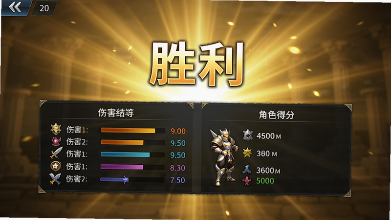 战斗结算界面,显示“胜利”字样,下方列出伤害统计和角色得分,背景为金色的光芒,界面简洁大气,突出战斗成果,高清游戏UI,无杂乱元素