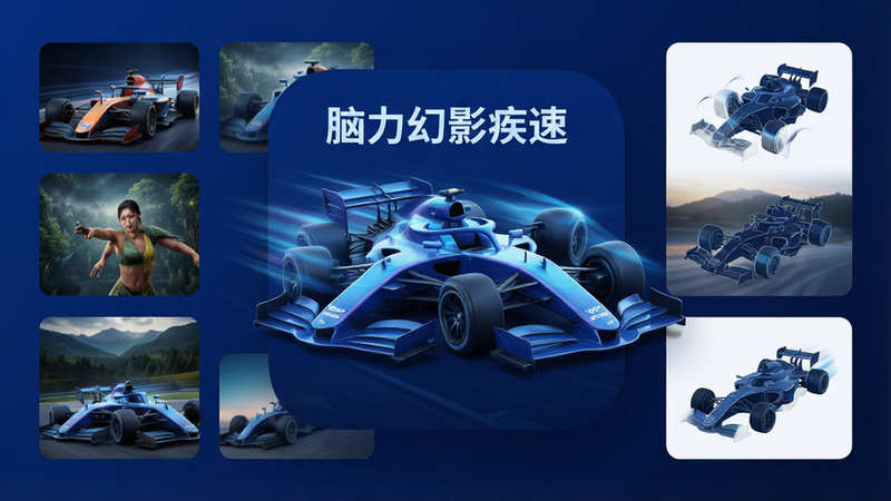 一张展示“脑力幻影疾速”App界面的概念图,主体为深蓝色背景上的疾速幻影赛车形态,周围环绕着高清壁纸缩略图和变形结构图,布局清晰有序,排版简洁现代,风格科技感强,细节丰富,画质高清,干净,无多余元素,文字包含“脑力幻影疾速”